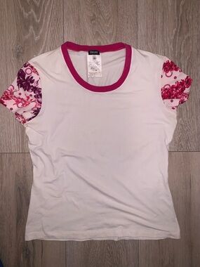 Versace Jeans Couture White Tee with Pink Floral Sleeves Size: Large
